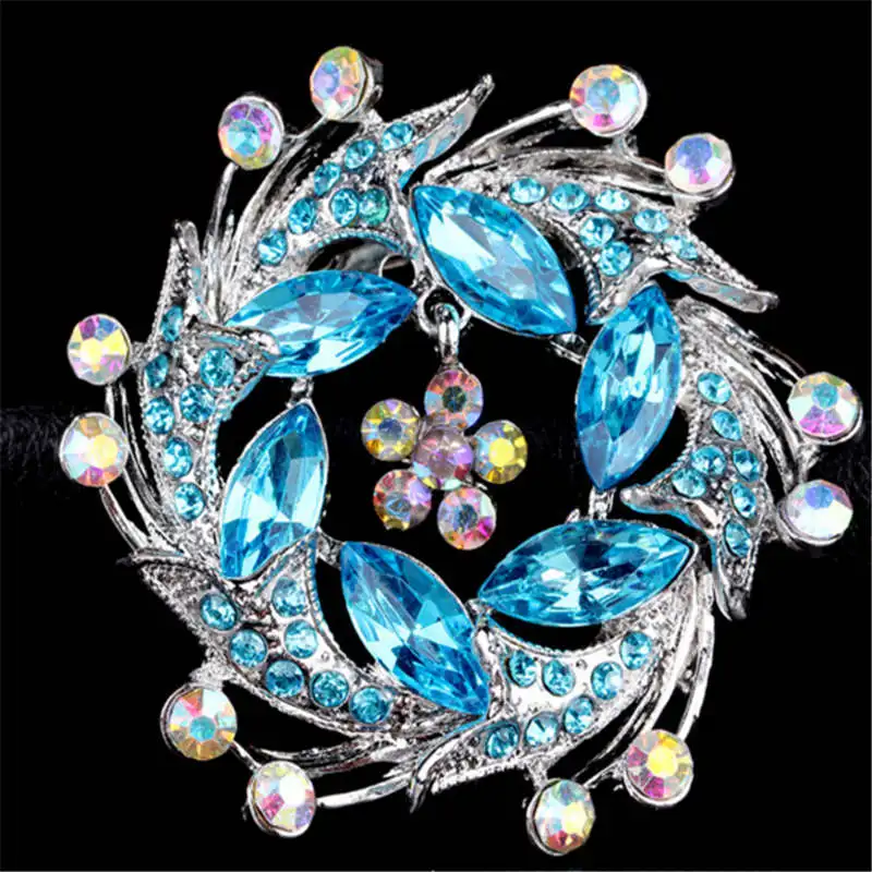HYB Blue Crystal Flower Brooches For Women Kids Hats Scarf