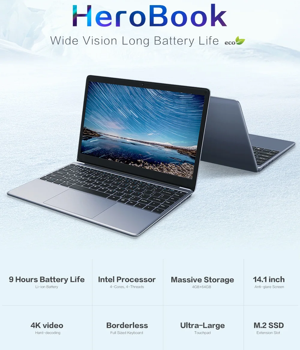 CHUWI HeroBook 14.1 inch Laptop Windows 10 Intel E8000 Quad Core 4GB RAM 64GB ROM Notebook with Full Layout Keyboard