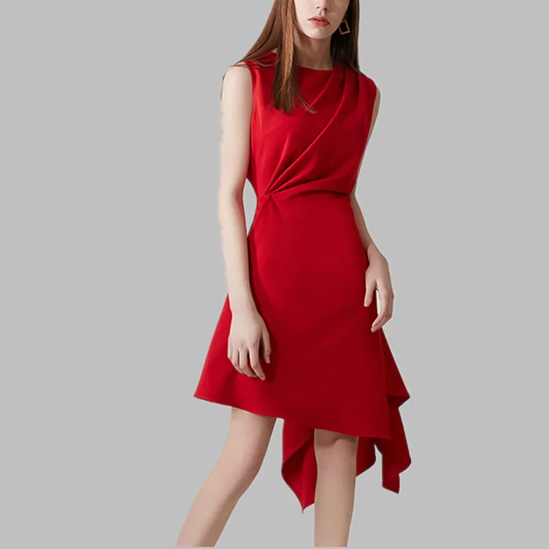 

HAMALIEL Elegant Irregular Party Dress Summer 2019 Runway Red Ruffles Sleeveless Slim Dress Women Fashion Ladies Draped Vestidos