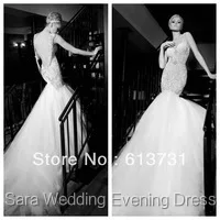 Dreamy bridal Sexy backless mermaid Vintage lace Tulle Pearls Royal Train Destination wedding dresses 2013 new design GL 13002