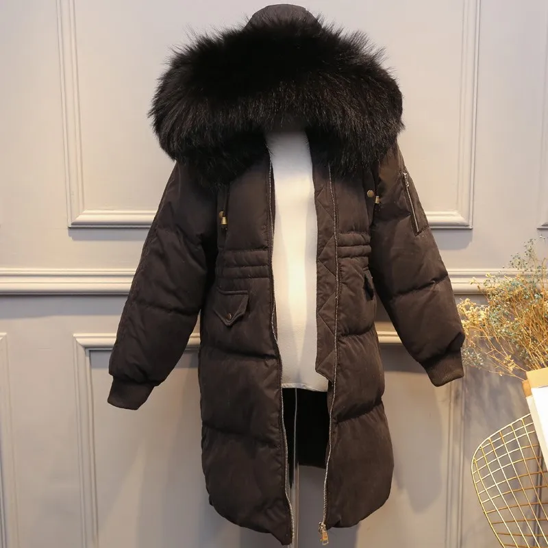 Большой натуральный мех енота, зимняя куртка для женщин, женский свободный пуховик на утином пуху, длинная пуховая парка, Толстая теплая Женская пуховая куртка с капюшоном