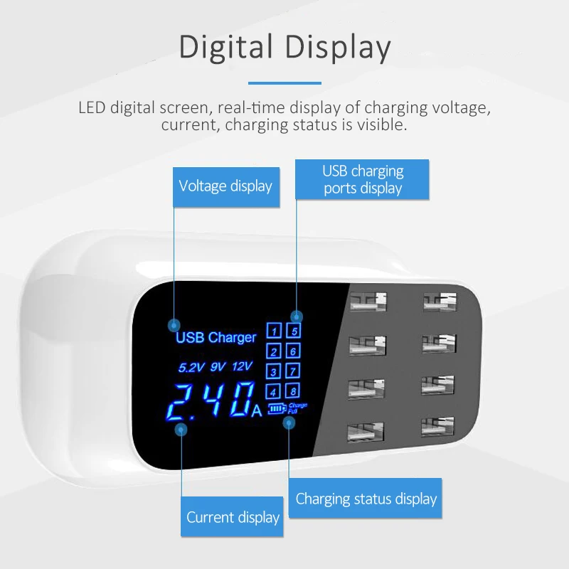 8 ميناء الذكية USB مهايئ شاحن محطة Hub Led عرض المحمول هاتف لوحي الجدار شاحن العالمي سطح المكتب الطاقة المقبس الاتحاد الأوروبي الاتحاد الافريقي