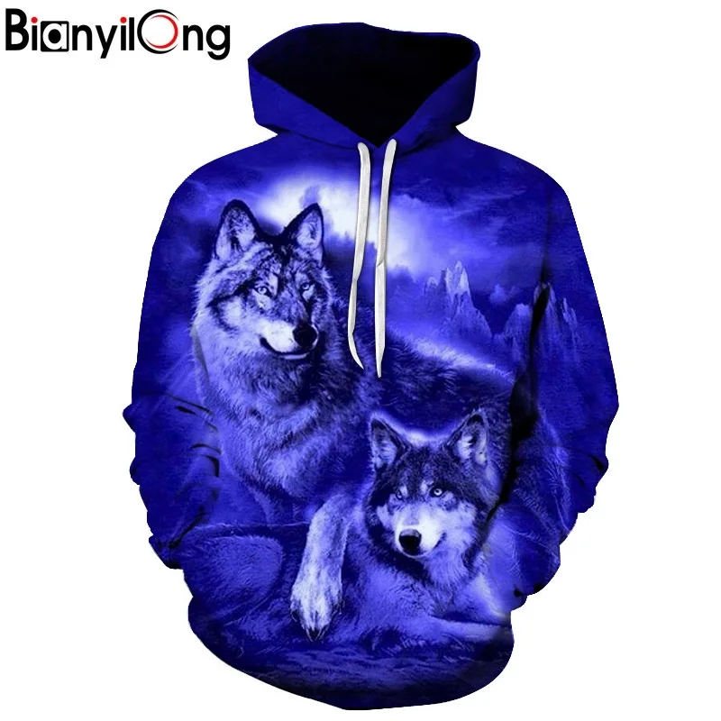 

2018 new Harajuku Men's Sweatshirt High Quality Loose Men Long Sleeve Tops Hoody 3D Animal purple Wolf Print Man's Top Hoodie