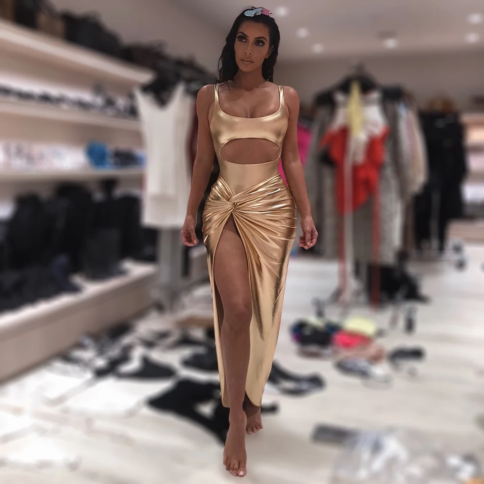 Ladies Fashion Metallic Gold Contrast Strappy Sides Bodysuit