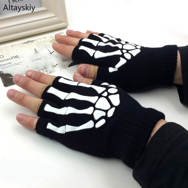 

Gloves Women Solid Patchwork Skull Half-fingered Knitting Gothic Punk Plus Velvet Womens Glove Warm Winter Chic Trendy All-match