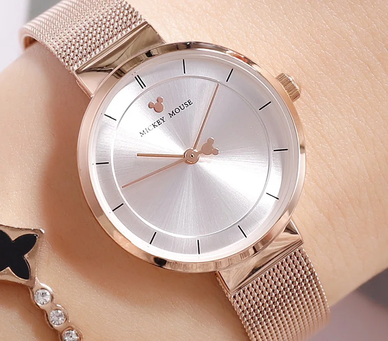 

Disney Simple Women Watches Designer Brand Luxury Women 100% Original Stainless Steel Mickey Mouse Quartz Watches with Gift Box