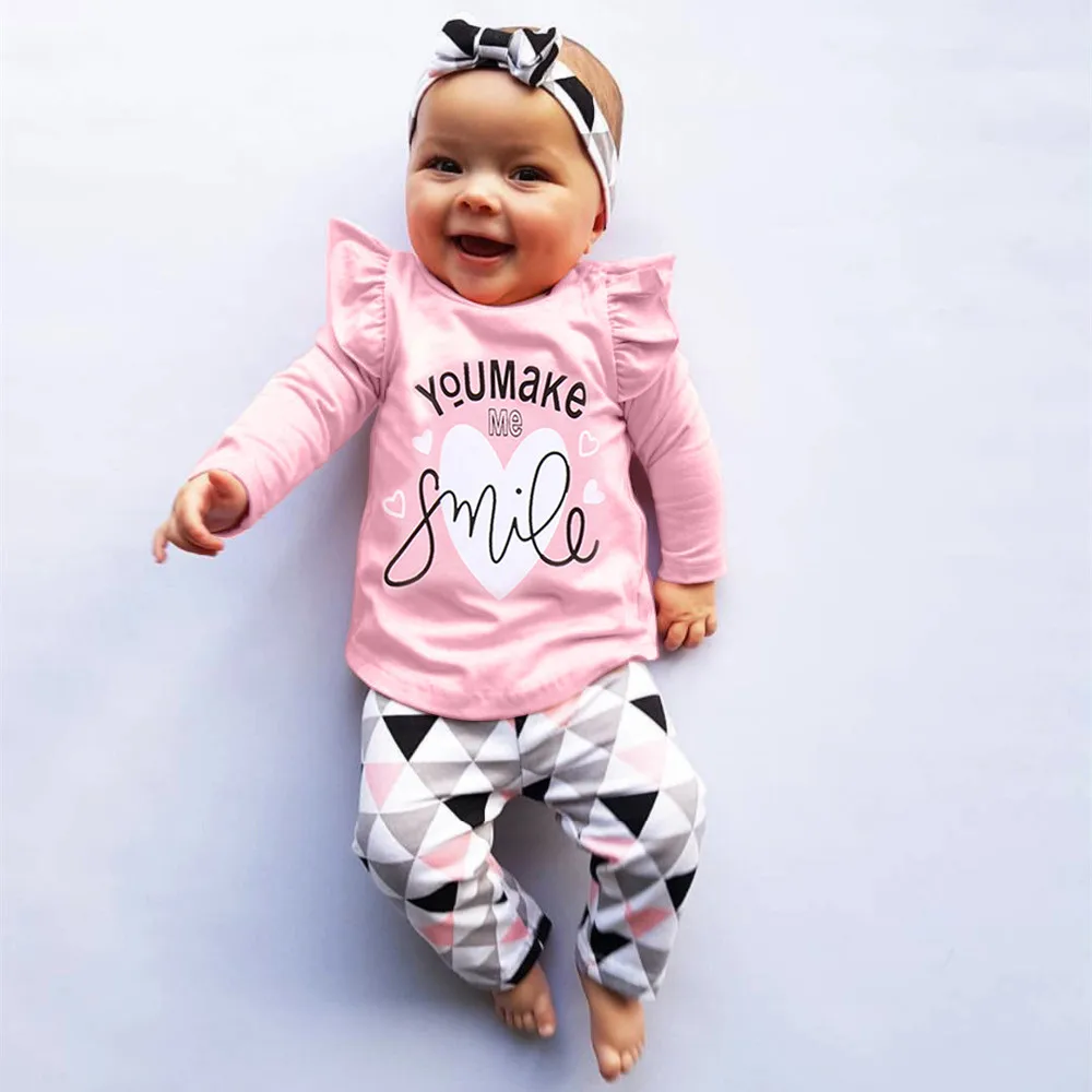 Комплекты одежды из 3 предметов для новорожденных девочек топы с надписью «You Make Me Smile»+ штаны с геометрическим рисунком+ повязка на голову, комплект одежды для маленьких девочек