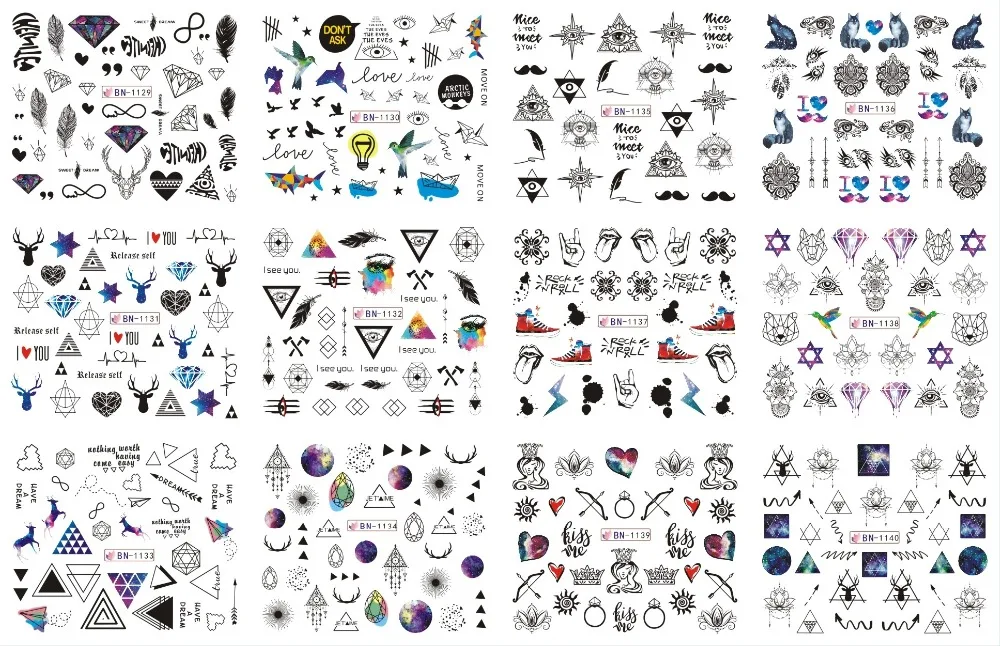 12 Designs/Set Water Decals Nail Slider Flora/ Cartoon/ Geometric Watermark Nail Sticker Decoration Wraps Manicure BN1117-1212