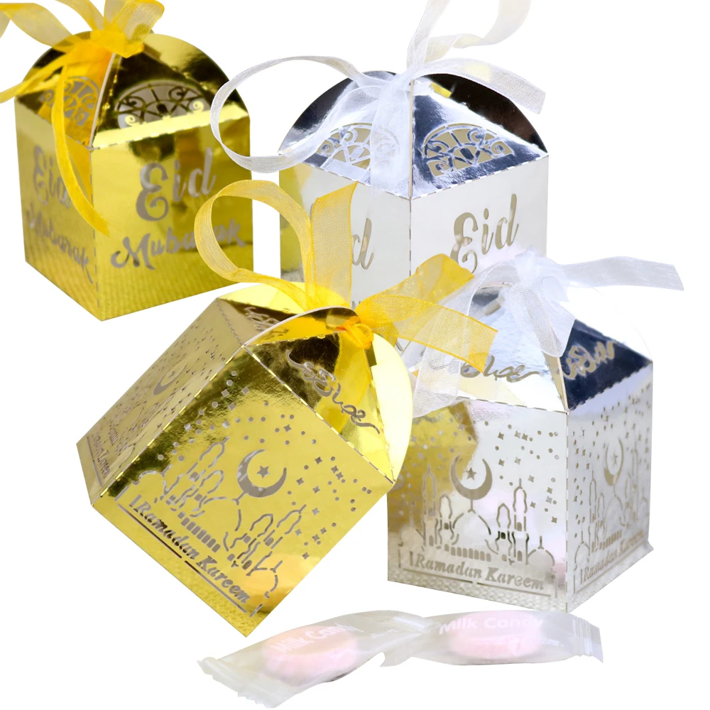 

Hooamll 10PCs/lot Gold Silver Happy Eid Mubarak Candy Gift Box Ramadan Decoration Islamic Party Happy Eid Mubarak DIY Decoration