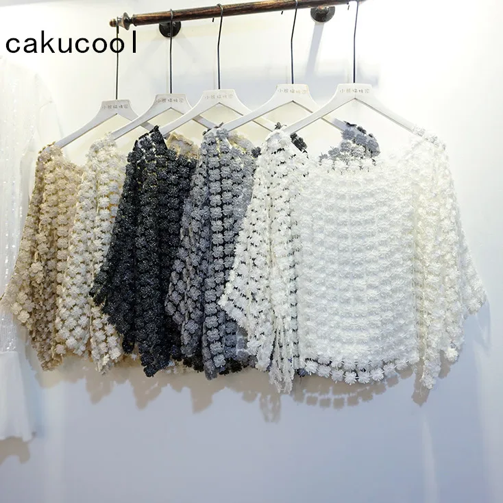 

Cakucool Women Luxury Gold Lurex Bouse Bling Lace Embroid Hollow Out Cute Shirt Half Flare Sleeve Elegant Blusa Tops Femme
