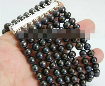 

00846 8row natural black perfect round freshwater pearl bracelet