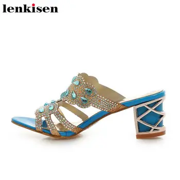 

Lenkisen fashion plus siaze pu novelty beautiful crystals decoration high heels mules meeting fairy women concise sandals L30