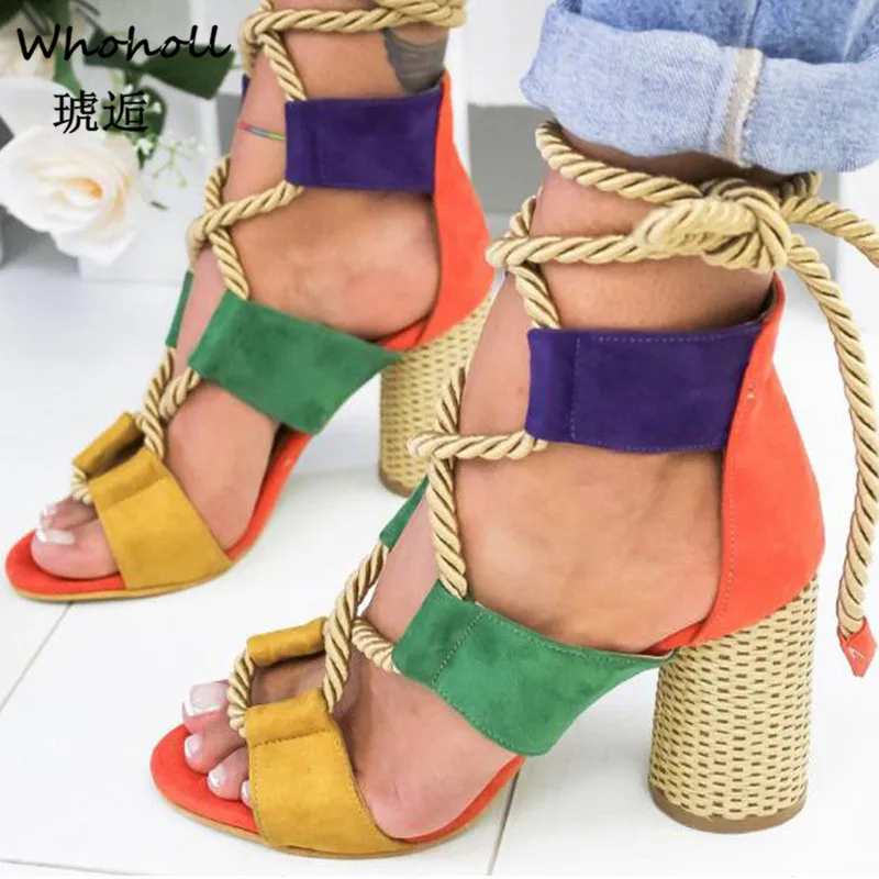 

Whoholl Torridity Fasten Espadrilles Women Sandals 7CM Heel Pointed Mouth Sandals Woman Hemp Up Women Sandals Plus Size 35-43