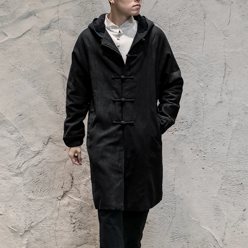 

Men Autumn Winter Thicken Long Hooded Jacket China Style Kongfu Costumes Coat Male Casual Warm Overcoat Big Size M-5XL