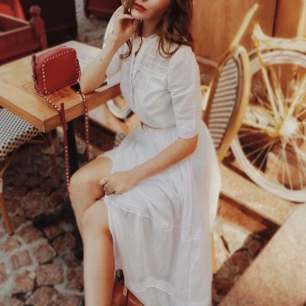 

Spring and Summer 2019 New White Lace Long Short Sleeve Dress O-Neck Straight Dress Women Sexy Dress