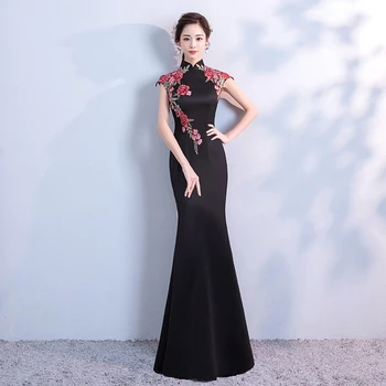 

Black Female Satin Evening Maxi Dress Elegant Embroidery Flower Mermaid Gowns Plus Size 3XL Short Sleeve Qipao Vintage Cheongsam