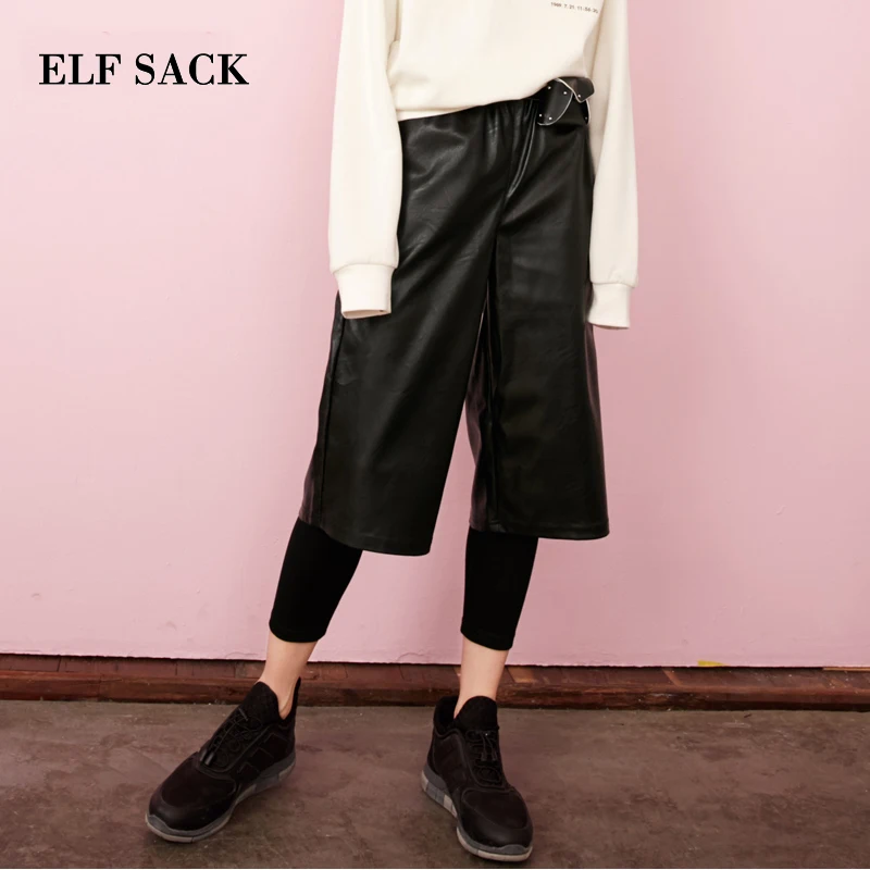 1669.99 руб. 39% СКИДКА|Осенние костюмы с брюками эльфом, короткие леггинсы из искусственной кожи, черные повседневные свободные женские брюки с широкими штанинами-in Штаны и капри from Женская одежда on Aliexpress.com | Alibaba Group
