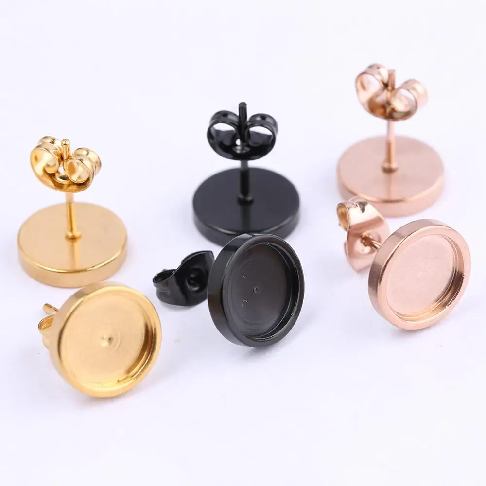 

onwear 10pcs Rose Gold Black Stainless Steel stud earring base 8mm cabochon bezel settings diy post pin earrings findings