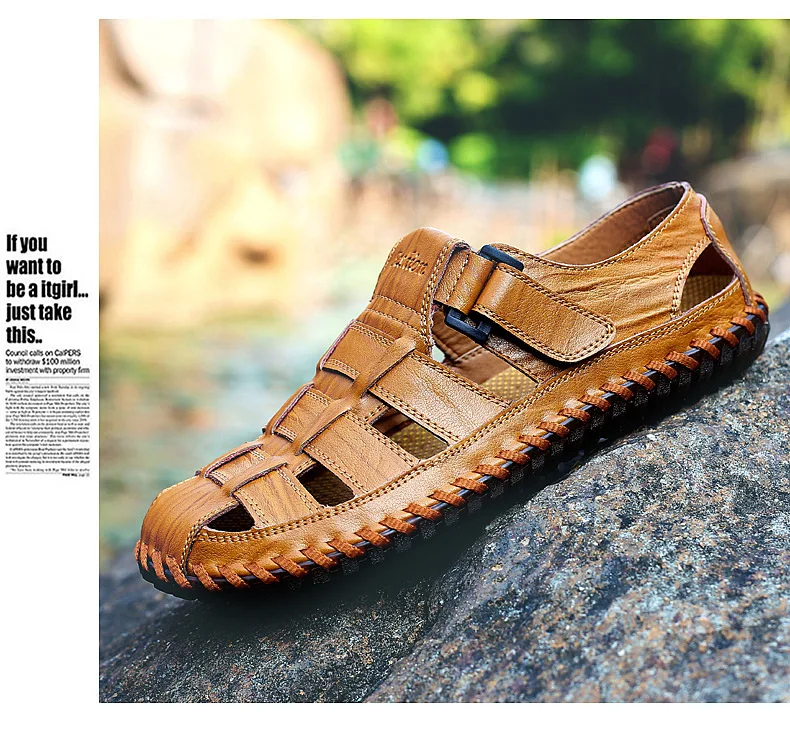 QFFAZ плюс 38-48 Мода ручной работы Гладиатор натуральная мужские сандалии из кожи Мягкие Кожаные Мокасины Высокое качество Мужская обувь
