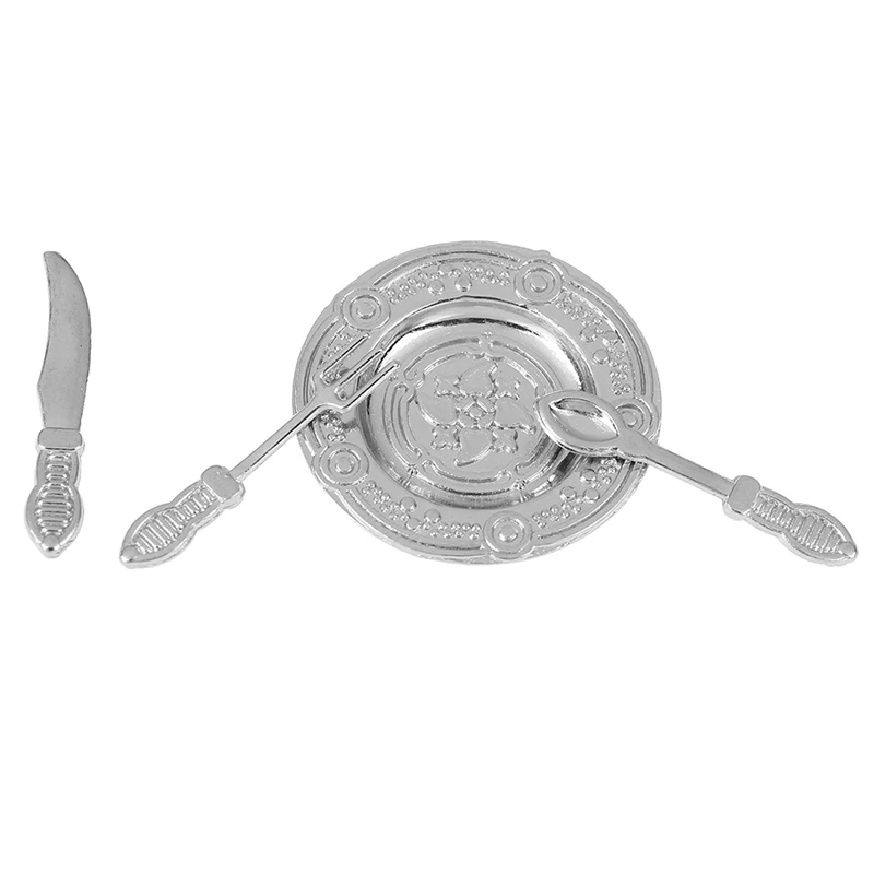 

4Pcs Vintage Silverware Miniature Set Knife Spoon Fork and Dish Flatware Dollhouse Kitchen Accessories Scale 1:12