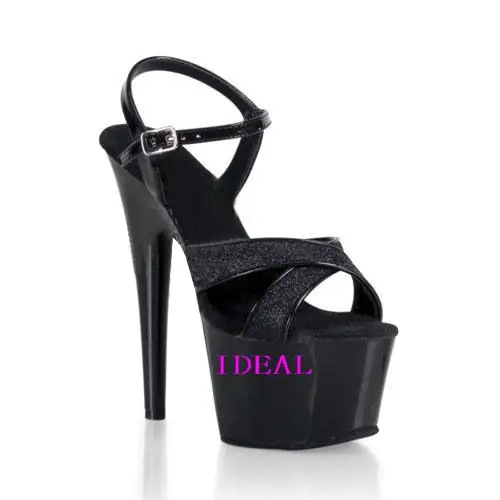 

Leather Cushion Model Walking Shoes 15/17 Cm Thin-heeled Black Sandals Nightclub Sexy Waterproof Platform Super High-heeled Shoe
