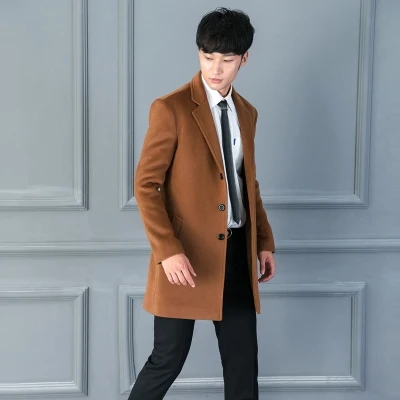 AI мужской бренд корейский модный мужской шерстяной пиджак средней длины однобортный коричневый шерстяной Тренч мужской модный Повседневный Топ - Цвет: Коричневый