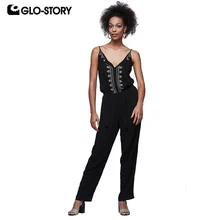 GLO-STORY женские комбинезоны Лето Вышивка женский комбинезон длинный Элегантный черный без рукавов Вырез Лодочкой Длинные Комбинезоны WYK-1626