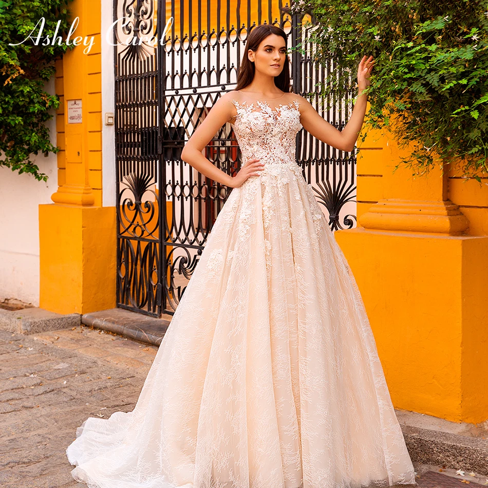 

Ashley Carol Illusion Scoop Beaded Appliques Lace Wedding Dress 2019 A-Line Court Train Romantic Wedding Gowns Vestido De Novia