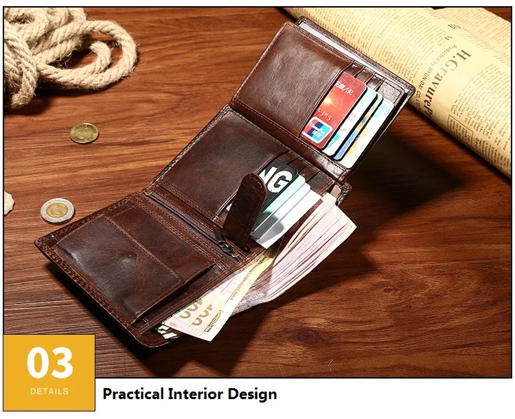 MJ Genuine Leather Men's Short Wallet Retro Bi-Fold Leather Wallet Card Holder Male Purse Coin Pocket ID Window Photo Position (10)