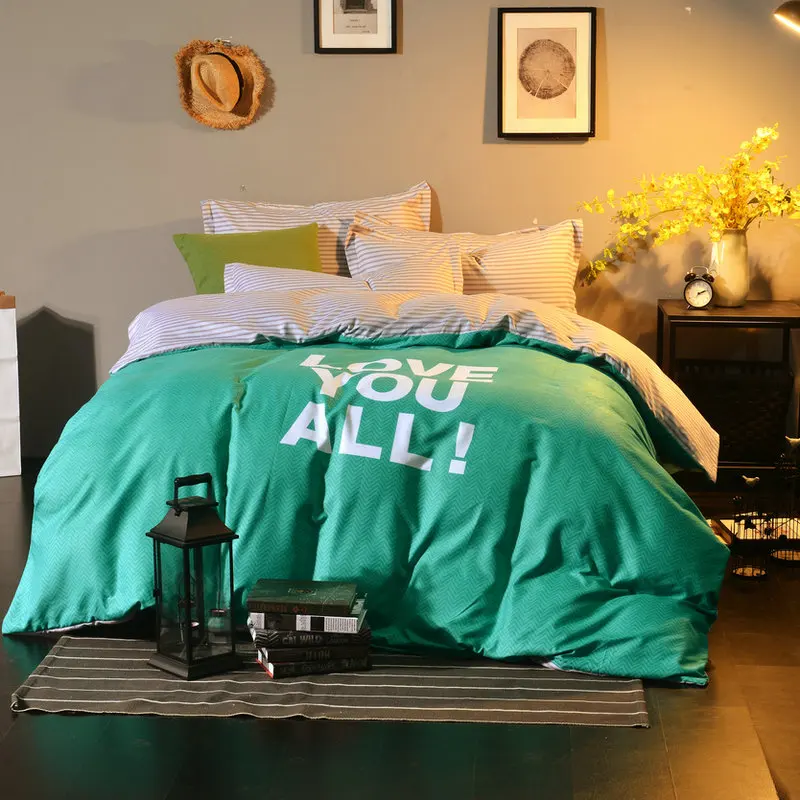

Emerald Solid Color+White Lettering Pattern 4Pcs Queen Size Bedding Set Brief Duvet Cover Sheet Bed Set Pillowcase Home Textile