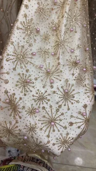 

high quality Gold African French net tulle Lace Fabric for party Hot selling beaded glued glitter sequins lace fabric