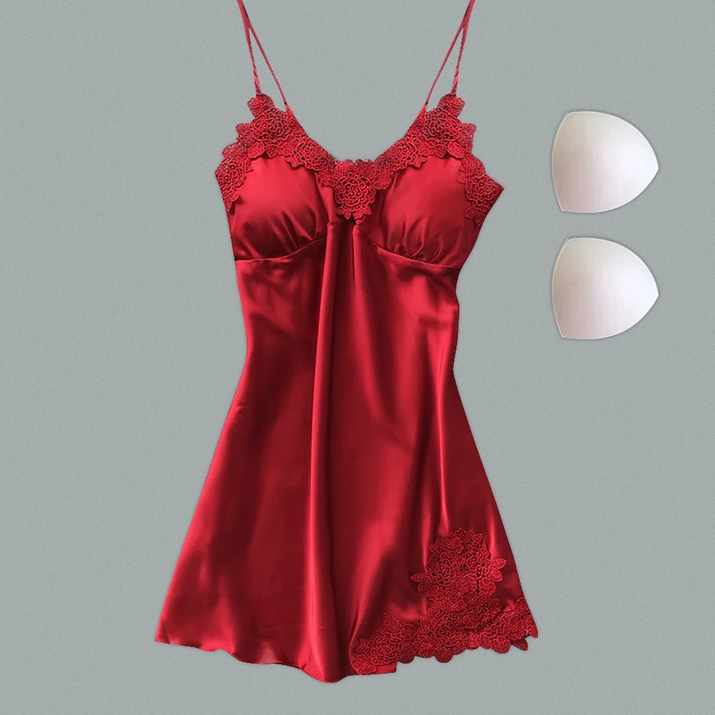 Женское нижнее белье с v-образным вырезом, ночное белье, сексуальная атласная пижама, мини-Кружевная сорочка с 2 хлопковыми вставками - Цвет: Красный