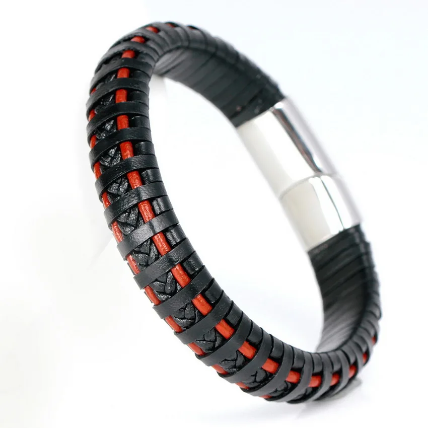 Высокое качество 316L браслеты из нержавеющей стали модные спортивные вязаные повязки ручной работы мужские кожаные браслеты - Окраска металла: Red Black
