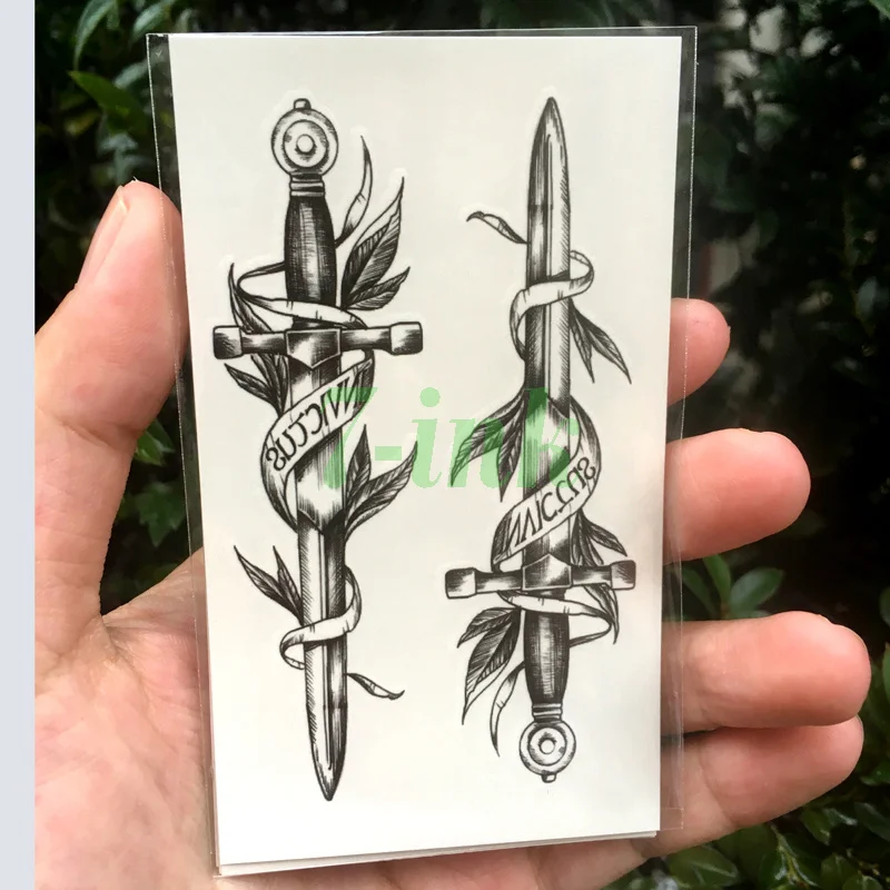 Водостойкая временная татуировка наклейка эскиз меч кинжалы английская буква листья пистолет тату флэш-тату поддельные татуировки для женщин и мужчин