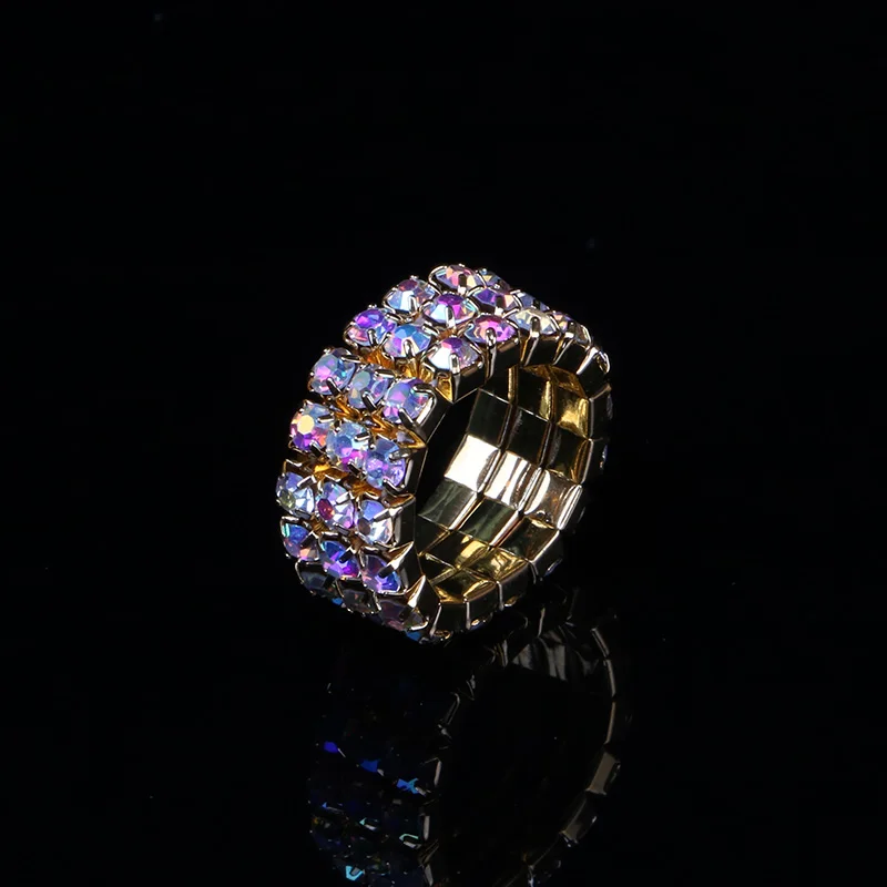 TDQUEEN 1-5 Rows AB Crystal Rings Gold Color Metal Bridal Wedding Rhinestone Elastic Stretch AB Stone Rings for Women (4)
