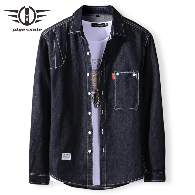 

Plyesxale Black Blue Denim Shirt Men New Spring Autumn Slim Fit Chemise Jeans Homme Brand Long Sleeve Casual Shirts For Men T2
