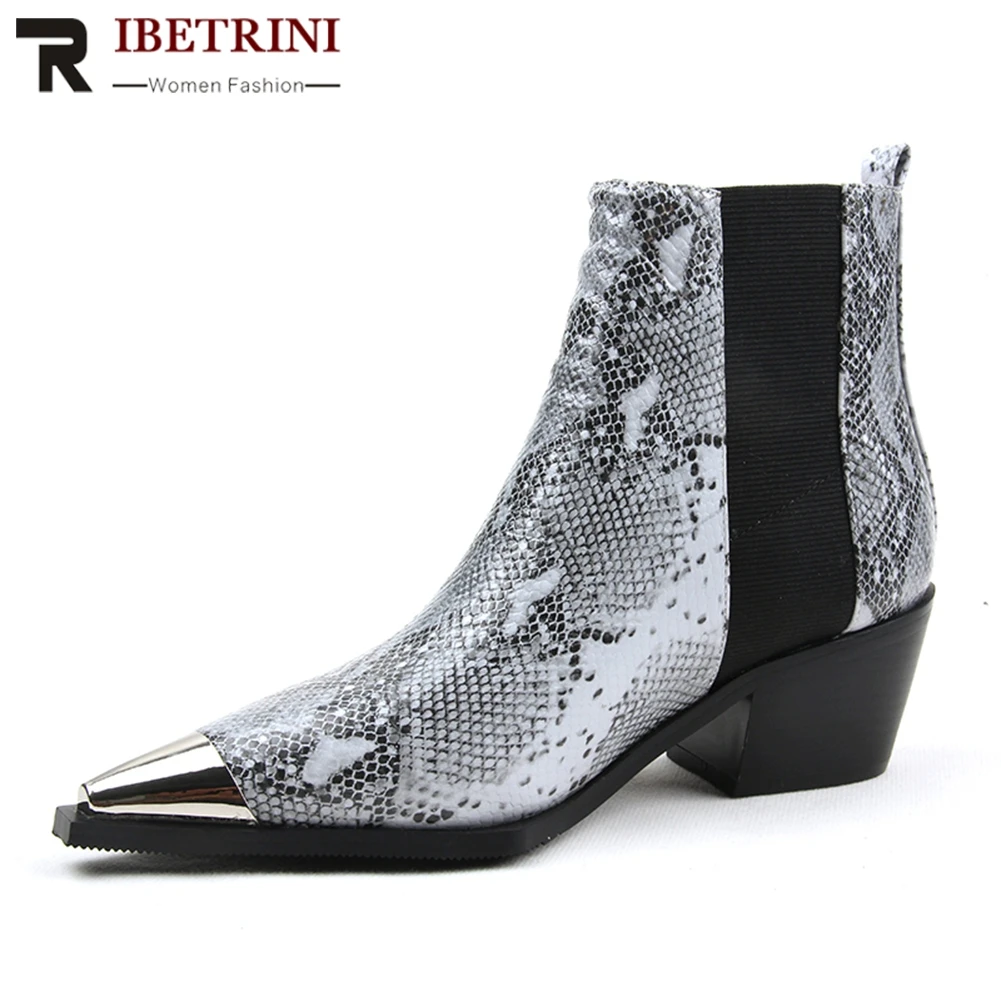 

RIBETRINI New Dropship Top Quality Ankle Boots Woman Shoes Elastic Band Chunky Heels Street Style Shoes Woman Boots Female
