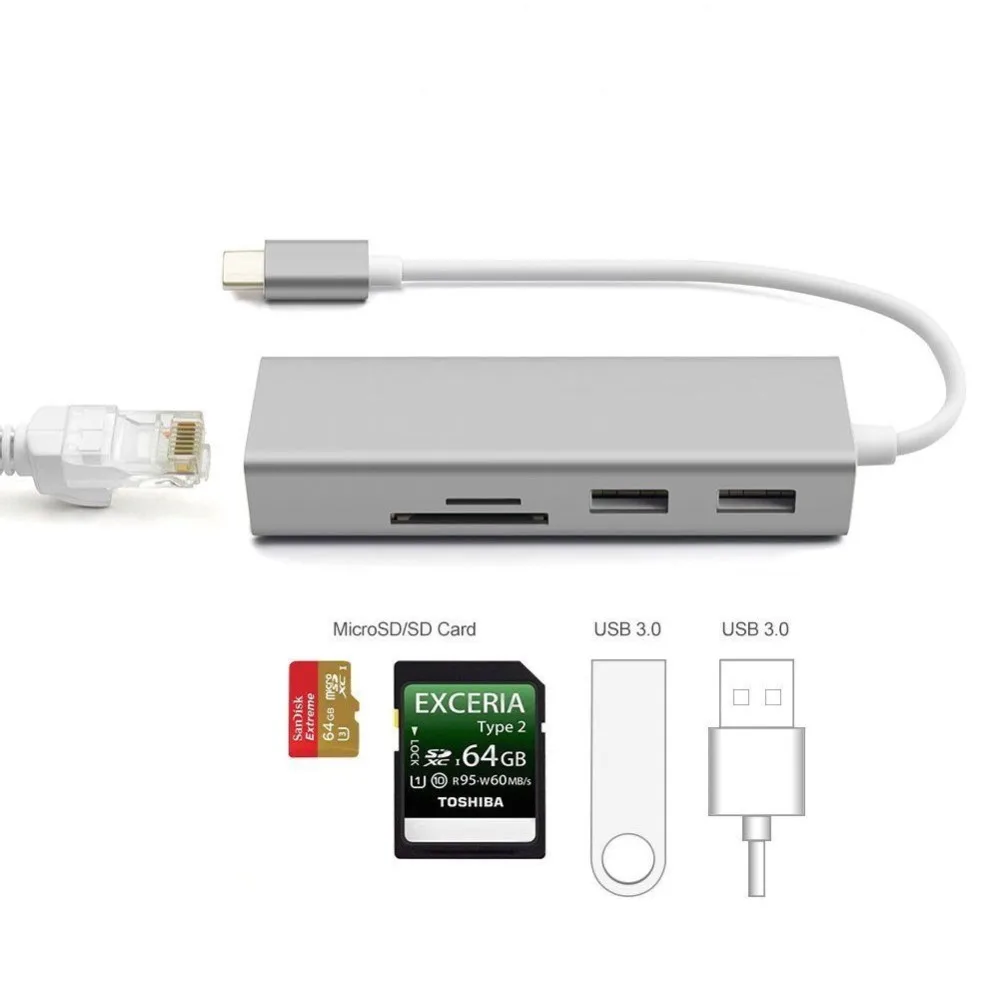 USB-C концентратор Тип C Порты и разъёмы 5 in1 с 2 портами (стандарт 3 0 LAN SD карты сетевой
