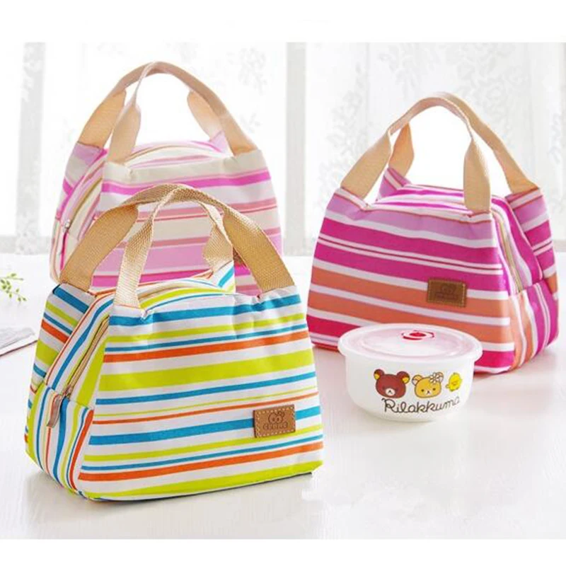 2016 Insulated Neoprene Canvas Stripe Thermal Bags Baby Tote Lunchbag