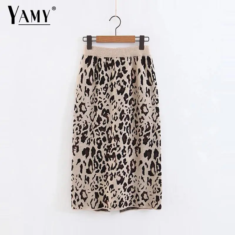 

Fall back Split leopard print skirts womens casual slim midi skirt korean Streetweart chic knitted elastic high waist skirt 2018
