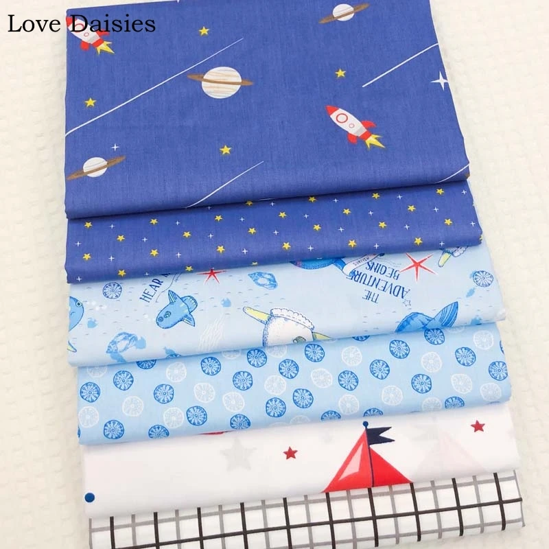 

100% Cotton Twill WHTIE BLUE Marine Cartoon Sea World Space Rocket Star Sailboat Check Fabric for Sheet Cushion Apparel Decor