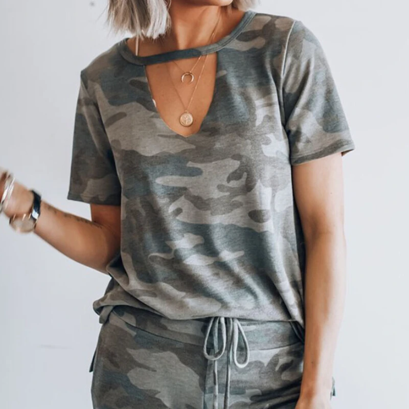 

Camo TShirt Women Short Sleeve Chocker Tee Shirt Femme Cotton T-Shirts Fashion Loose T Shirt Camiseta Mujer