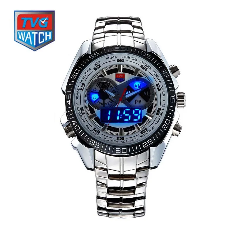 Prix pour Tvg en acier inoxydable de luxe de noir hommes horloge bleu mode binaire sport led watch 30am montres étanches Prix pour Tvg en acier inoxydable de luxe de noir hommes horloge bleu mode binaire sport led watch 30am montres étanches