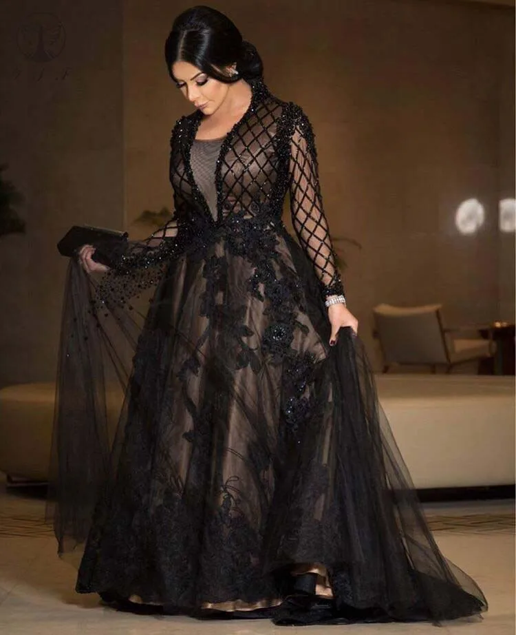 

Arabian Design Evening Dresses Appliqued Beaded Crystals Long Sleeve Black Mother Dresses 2019
