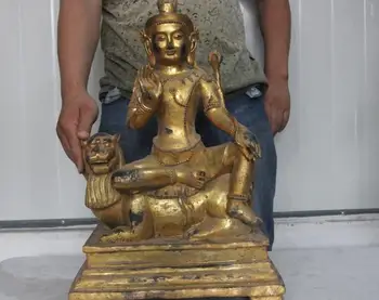 

Tibet Buddhism Copper Bronze Gold Ride Lion Beat Guan Yin Kwan-yin Boddhisattva