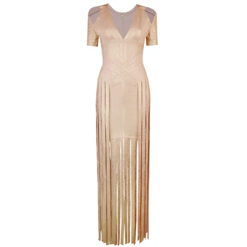 

High Quality Women Sexy Short Sleeve Gold Long Bandage Dress 2018 Knitted Elastic Party Dress