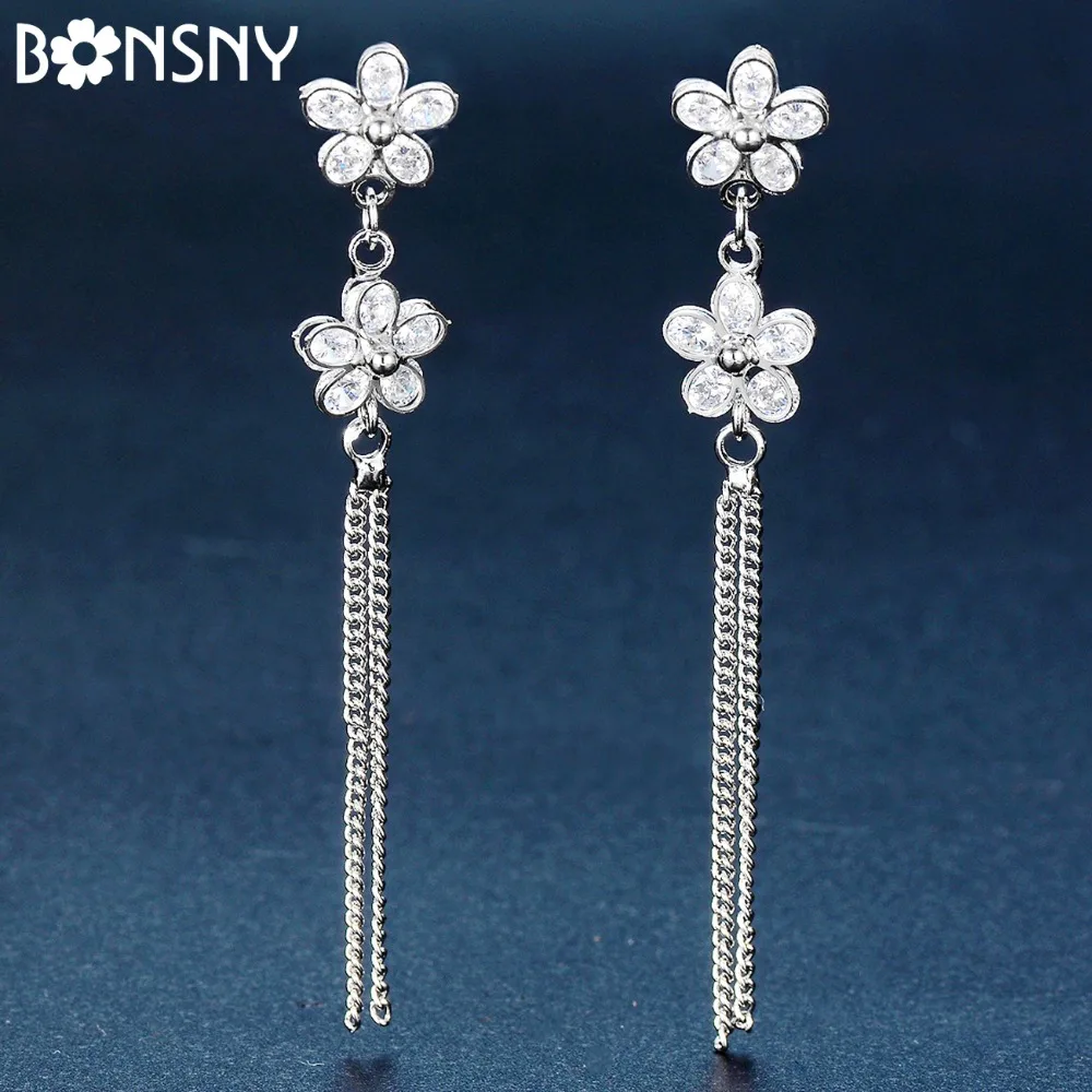 

Bonsny Silverstone Flower Cubic Zircon Earrings CZ Zirconia Tassel Charms For Women Wedding Party Birthday Gifts Fashion Jewelry