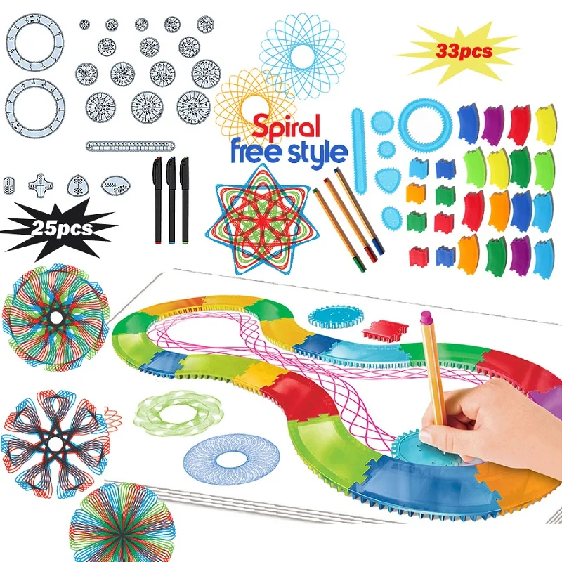 25/30PCS Spirograph Drawing Toys Geometric Ruler Tin Set Draw Spiral