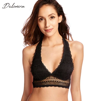 

Women's Wirefree Removable Pads Longline Deep V Lace Bra Halter Bralette