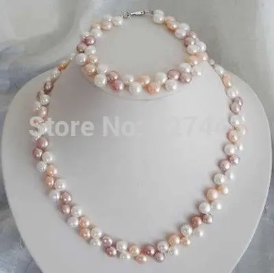 

Wholesale 7-8mm White/Pink/Purple Akoya Cultured Pearl Necklace Bracelet Set (A0516)